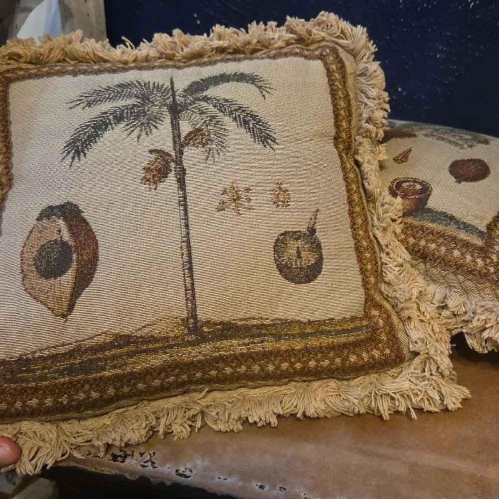 2 Vtg Palm Date Avocado Pillows Decorative‎ Throw Tan Green Brown Fringe 12